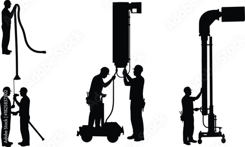Silhouette of HVAC technicians installing industrial ventilation ducts, air system maintenance, professional workers setting up air flow equipment and exhaust pipes illustration