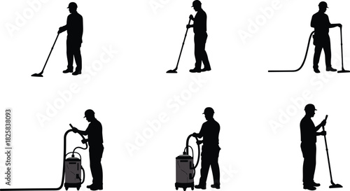 Silhouette of industrial workers using floor cleaning machine and vacuum cleaner, industrial cleaning maintenance and hygiene at construction site concept