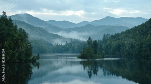 In the early morning a tranquil lake reflects the surrounding misty mountains and lush greenery. This serene location offers a peaceful escape into nature's beauty.