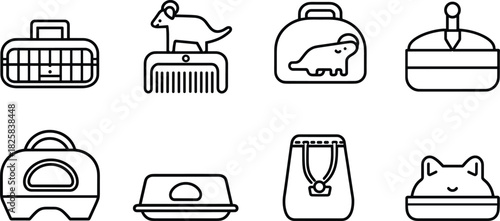 Pet care vector icons set featuring carrier, comb, collar, cat face, food bag, feeding bowl, pet bed and litter scoop, clean outline illustration pack for animal supplies and grooming designs
