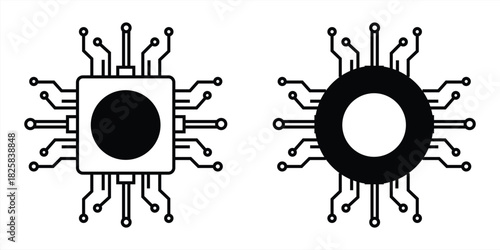 Minimalist computer chip icon set with circuit lines, vector illustration