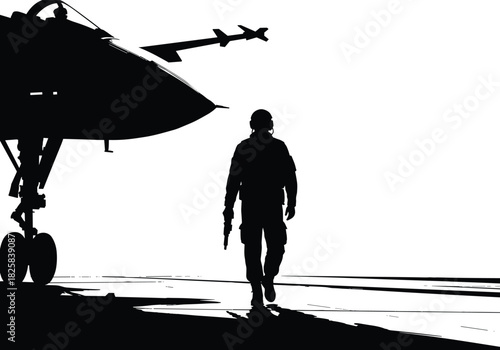 Silhouette of military pilot walking near fighter jet on runway, showcasing aviation power, defense technology, aircraft operations, and tactical aerospace environment