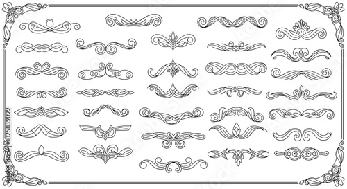 Large collection of elegant calligraphic swirls dividers and ornaments in a black line art style for vintage-inspired designs.