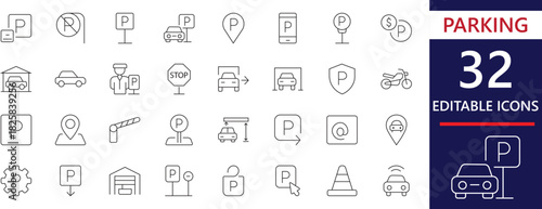 Clean minimal line icons for parking, navigation, traffic signs, car location, parking management, mobile parking apps, and vehicle safety symbols.