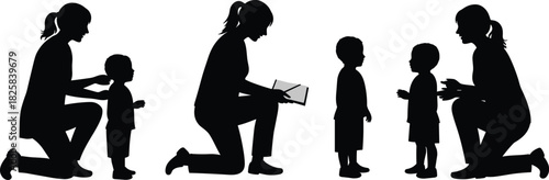 Silhouette of mother teaching and caring for children, parent reading book, family love, child education, early learning, nurturing relationship, motherhood concept