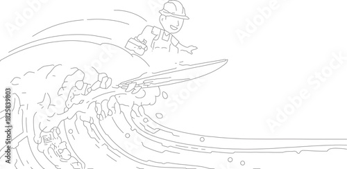 Cartoon surfer riding a large ocean wave with a surfboard.