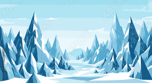Winter landscape illustration of a majestic snowy mountain range with sharp icy peaks under a pale blue sky for backgrounds.