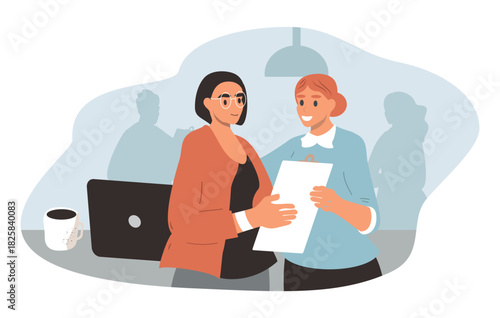 A vector illustration of colleagues helping each other. Two women help each other in the office.