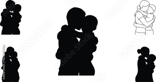Silhouette of parent holding and hugging child, family love and bonding, parenting care, emotional connection, affection, motherhood and fatherhood concept.