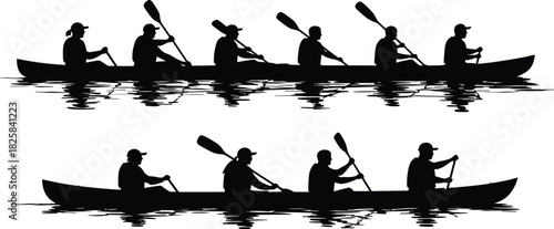 Silhouette of people rowing in canoe boats on calm water, teamwork and outdoor adventure concept with reflection and paddling activity