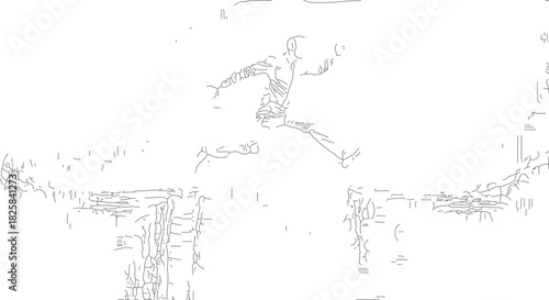 Silhouette of a Person Leaping Over a Chasm in Black and White.