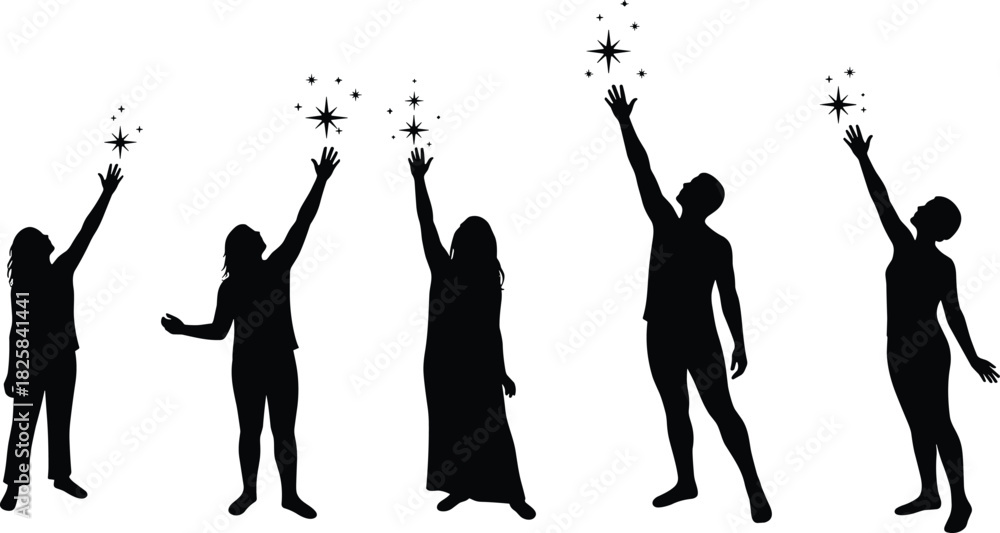 Fototapeta premium Silhouette of people reaching for stars symbolizing dreams, ambition, and hope, inspirational concept of success, motivation, and imagination