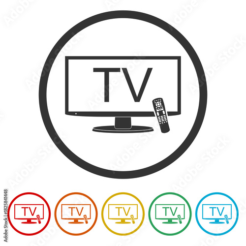 Smart TV with remote control sign. Set icons in color circle buttons