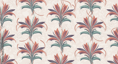 Elegant seamless floral pattern with stylized bouquets in muted tones of purple and orange on a light decorative background.