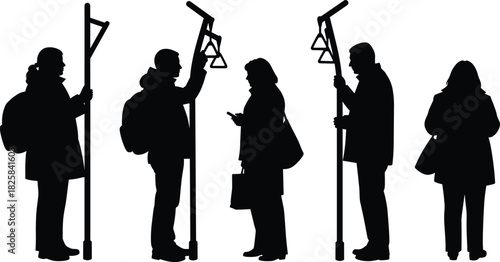 Silhouette of people standing and holding handrails inside public transport, urban commuting, daily travel, city lifestyle, metro passengers, and modern transportation concept.