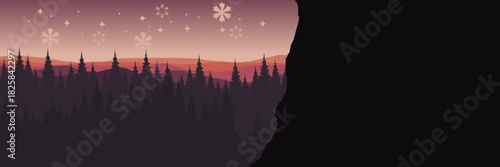 Panoramic winter landscape vector background with blue mountains and a snowy pine forest.