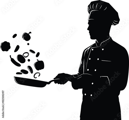 Silhouette of professional chef tossing vegetables in frying pan, showcasing culinary skill, creative cooking action, kitchen artistry, and dynamic food preparation scene