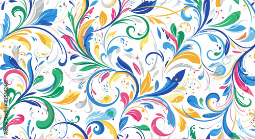 Vibrant seamless pattern of colorful swirling floral elements creating a joyful and energetic background for any creative project.