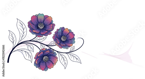 Beautiful branch with three vibrant purple and blue flowers with detailed line art leaves against a subtle wave background.