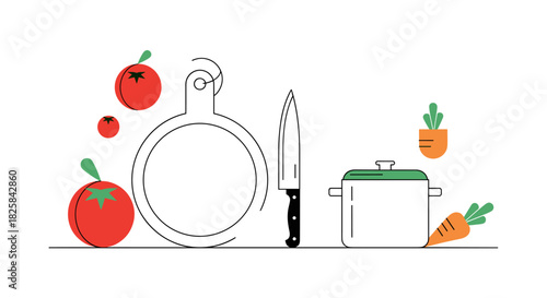 Minimalist kitchen and cooking concept illustration with a cutting board knife pot tomatoes and carrots in a clean line art style.