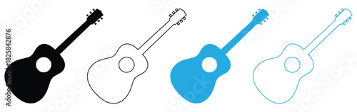 Acoustic guitar icons in black, white, and blue color variations,Guitar icon isolated Guitar silhouettes icons. Design for web and mobile app. Vector illustration isolated on white background
