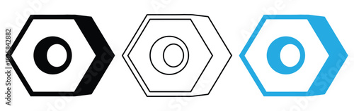 Hex metal nut. monochrome icon,Set of hex nut icons for engineering design or manufacturing needs,Nuts icon sheet multiple style collection