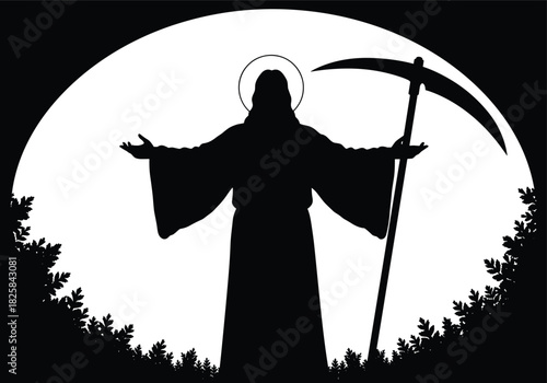 Silhouette of robed figure holding scythe under moonlight, mysterious dark scene, spiritual or mythical reaper concept illustration with nature background