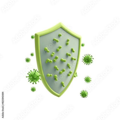 3d green immune shield against virus, isolated on transparent background
