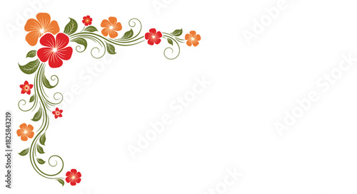 Colorful floral corner decoration with red and orange flowers green leaves and elegant swirling vines on a white background.
