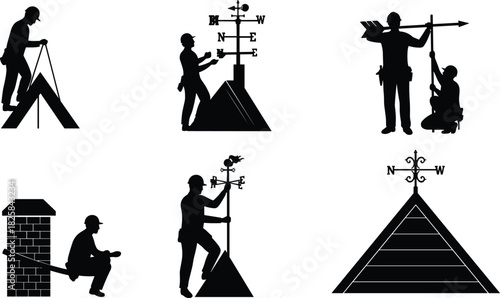 Silhouette of roof workers installing weather vane, rooftop maintenance, construction professionals working on house roof, direction indicator, safety and craftsmanship concept