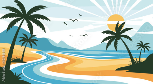 Beautiful tropical beach landscape with palm tree silhouettes a winding river and mountains under a bright shining sun.