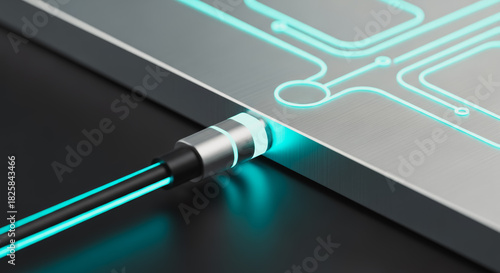 A glowing fiber optic cable connected to a futuristic circuit board, showcasing the convergence of technology and innovation, illuminated with a vibrant light.