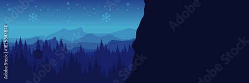Panoramic winter landscape vector background with blue layered mountains and clean white snow.