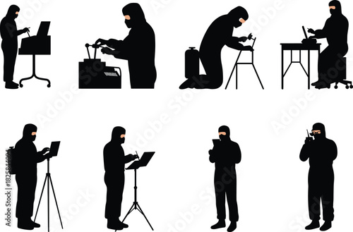 Silhouette of scientists and technicians in protective suits working with laboratory equipment, research, chemical analysis, and biosafety laboratory experiment concept background