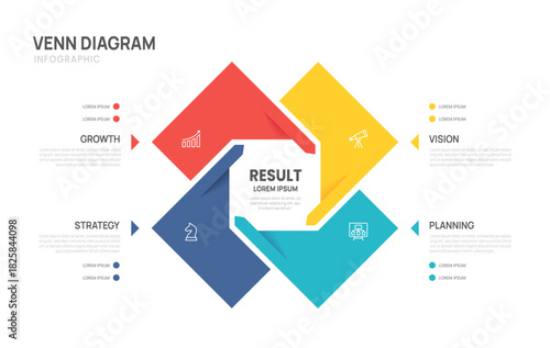 Infographic Venn diagram chart template for business 4 circle arrow parts options, presentation with venn diagram elements vector illustration.