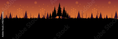 Serene vector scene of a snowy pine forest with stars and snowflakes for a greeting card.