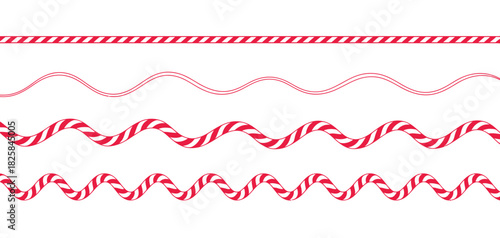 Christmas Candy Cane Wave Line In Red And White Striped Pattern, Festive Curved Lollipop-Inspired Element Designed As Decorative Holiday Border For Christmas And New Year Themes.