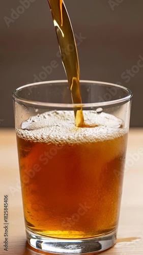 Refreshing Amber Liquid Poured into Clear Glass Tumbler.