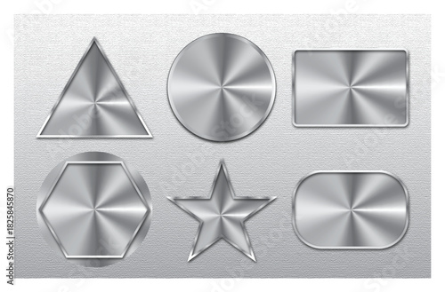 Shiny Steel Plate Labels Collection, Silver Brushed Metal Plates with Rounded Corners and Realistic Metal Plate Labels on Textured Background