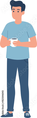 Man standing holding a dark mug, smiling man holding a steaming cup of coffee, looking to the side