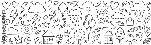 Collection of hand-drawn doodle elements including weather nature and objects simple line art for creative projects and designs