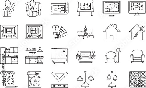 Set of architectural plan icons outline vector design elements for construction and interior design background