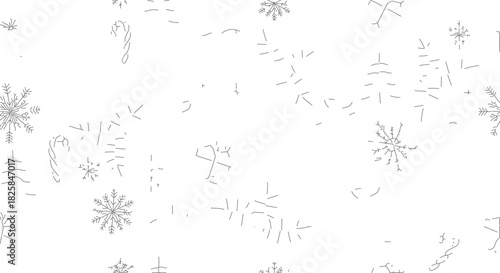 Abstract pattern of snowflakes and winter elements on a white background.