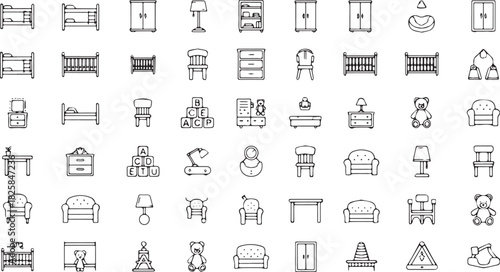 Set of furniture icons outline vector design elements for interior design and home decoration background