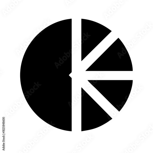 Abstract black and white pie chart icon representing data division
