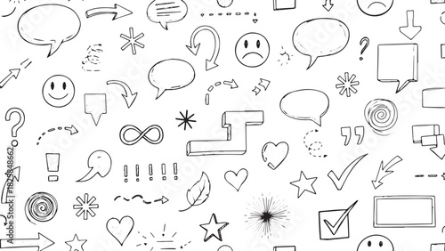 Hand-drawn doodle elements a seamless pattern of arrows speech bubbles and symbols perfect for backgrounds and creative projects