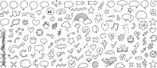 Hand-drawn doodle elements including arrows hearts stars and speech bubbles vector illustration for graphic design and decoration