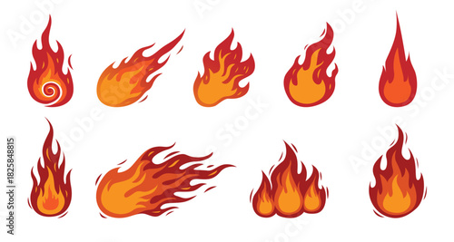 Cartoon fire flames and fireball vector icon set collection for energy heat and danger warning design.