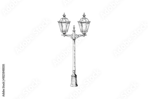 Classic street lamp post with two lantern for urban decorative lighting. Vintage streetlight with traditional design and construction.
