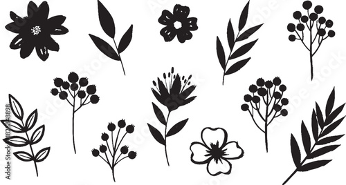 Set of floral doodles hand-drawn botanical elements simple vector illustrations for decoration and design
